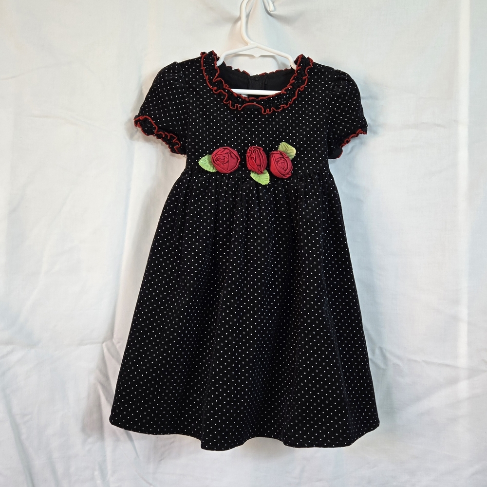 Bonnie Jean Girls Black Corduroy White Polka Dot‎ Rose Applique Ruffle Dress 4T
